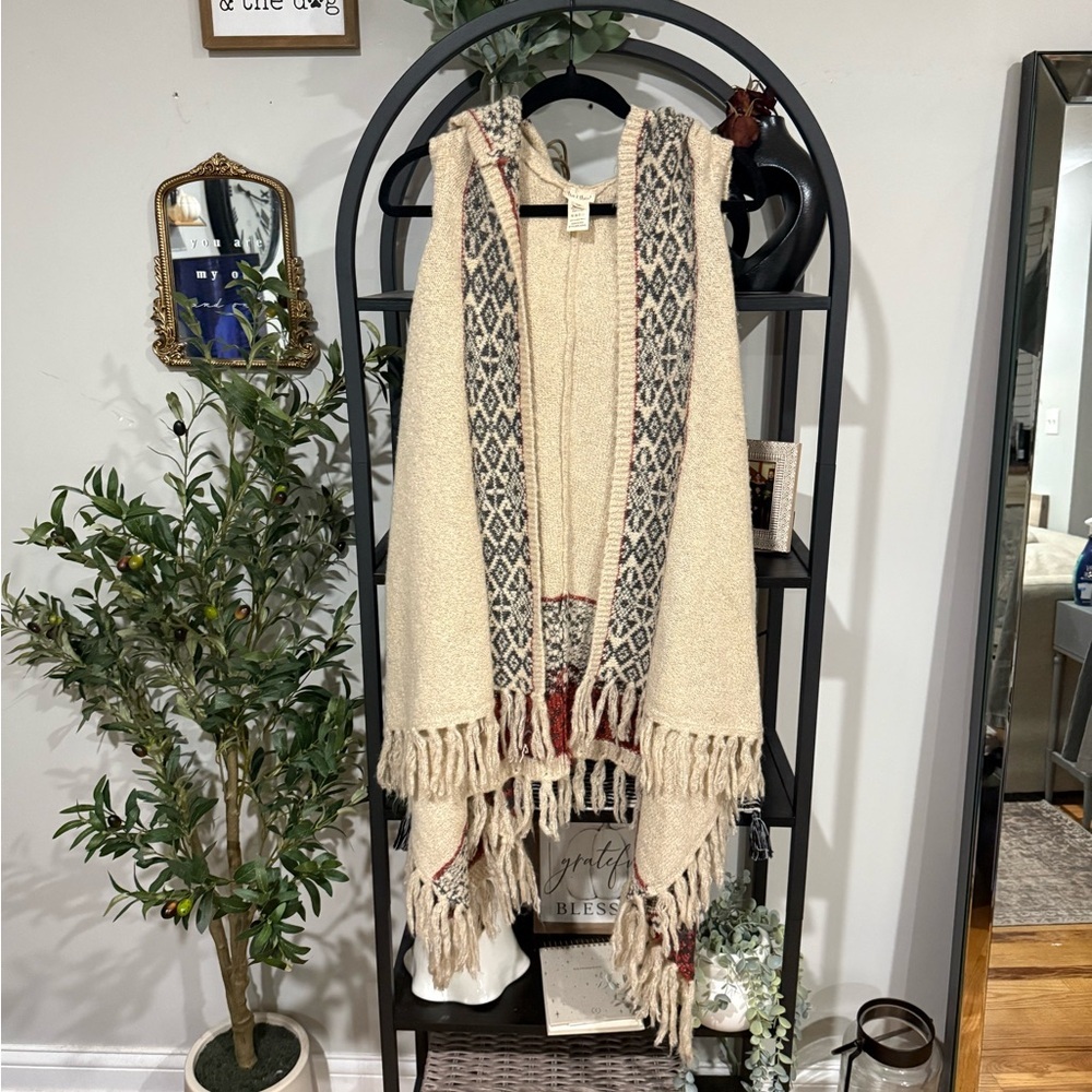 Boho Fringe Hooded Open-Front Sweater Poncho - Cream